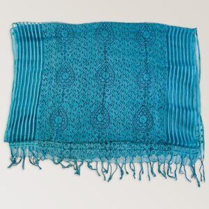 Blue Green Fringe Scarf, Paisley Pattern Lightweight Hair Wrap